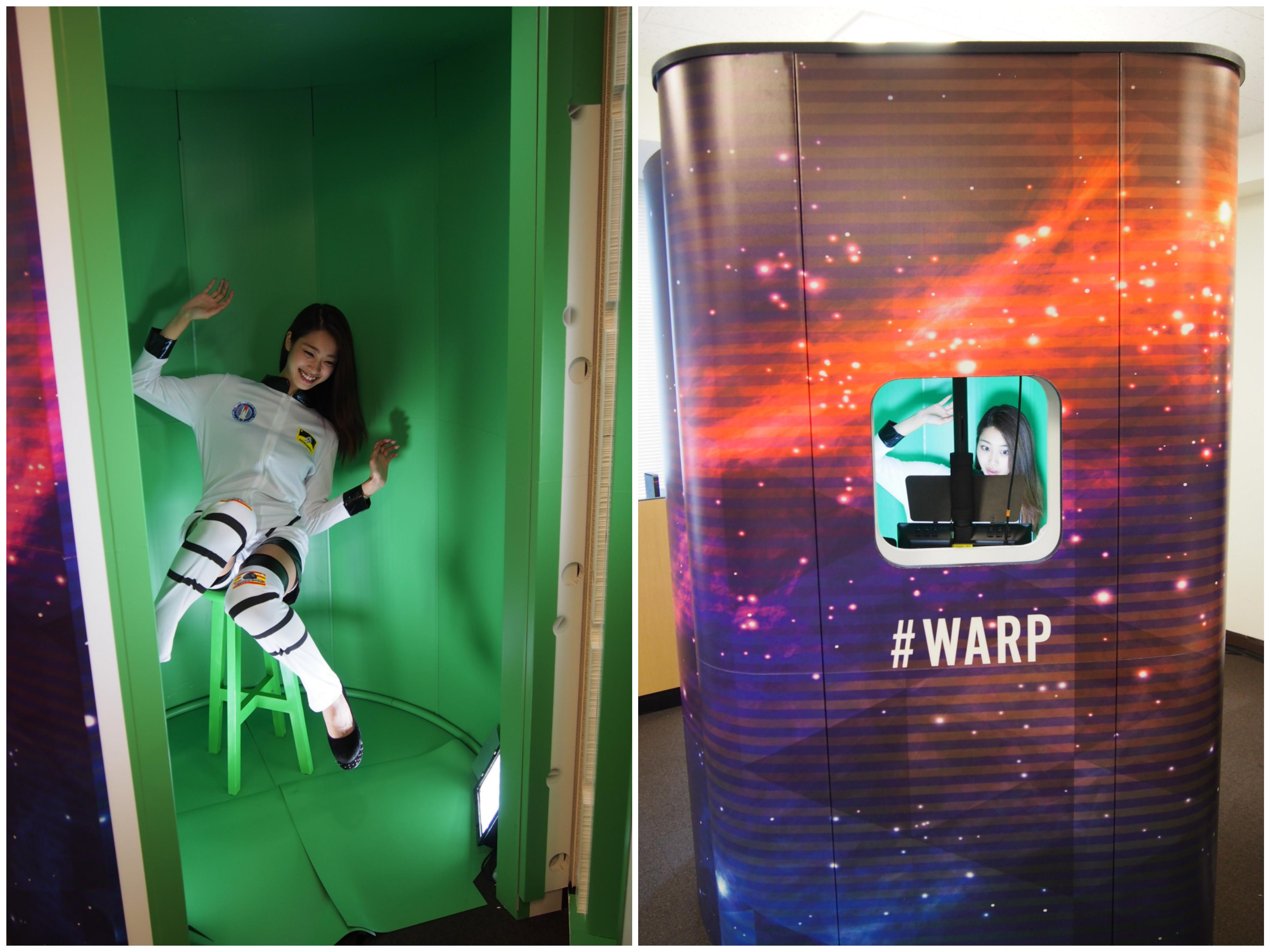 360度フォト「＃WARP」の撮影ブース（右）と中での撮影イメージ