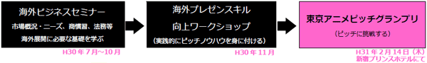 平成30年7月から10月　海外ビジネスセミナーで市場概況・ニーズ、商慣習、法務等海外展開に必要な基礎を学ぶ　平成30年11月　海外プレゼンスキル向上ワークショップ（実践的にピッチノウハウを身に付ける　平成31年2月14日新宿プリンスホテルにて、東京アニメピッチグランプリ（ピッチに挑戦する）